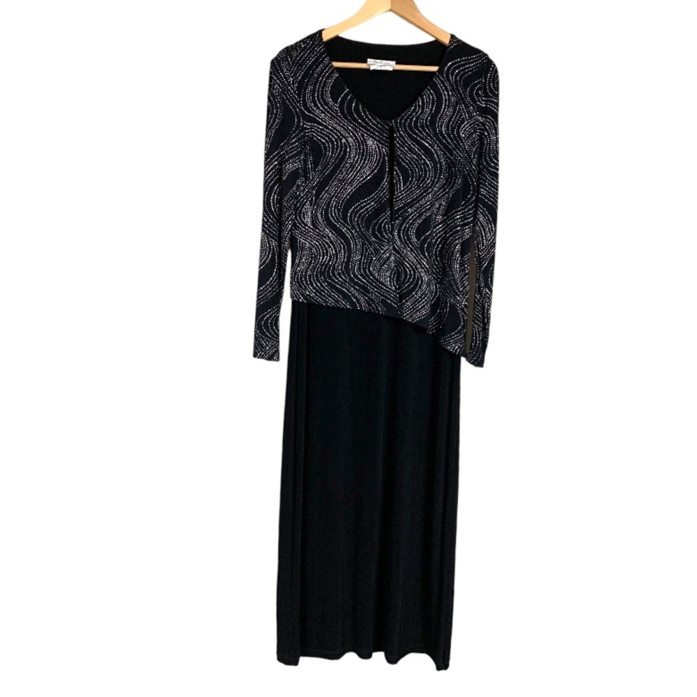 Black Silver Glitter Formal Gown Woman’s 6 Long Sleeve Dress Mother Bride Party - Picture 5 of 9